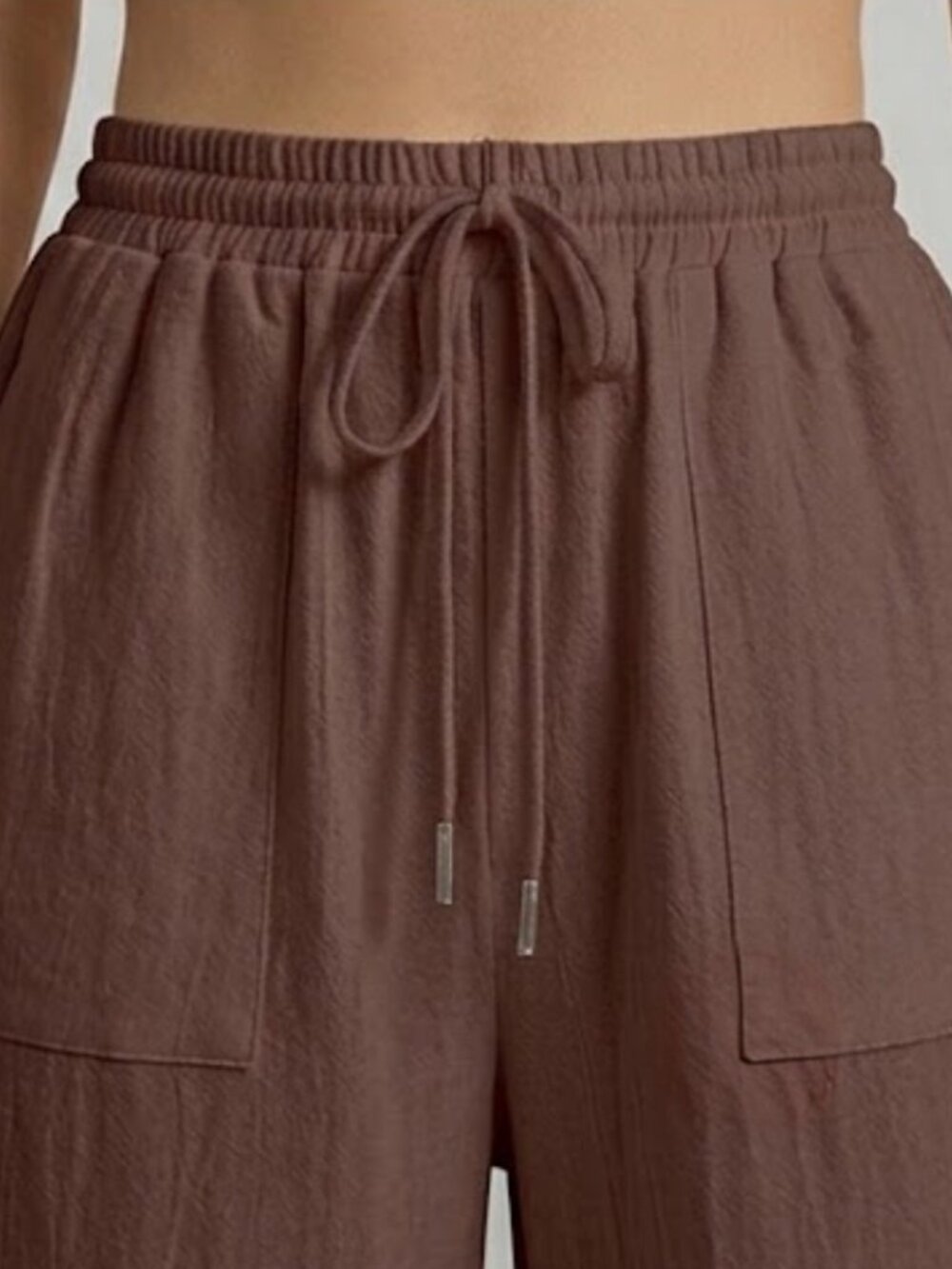 100% Cotton Drawstring Waist Wide Leg Pants Brown - Picture 2 of 5